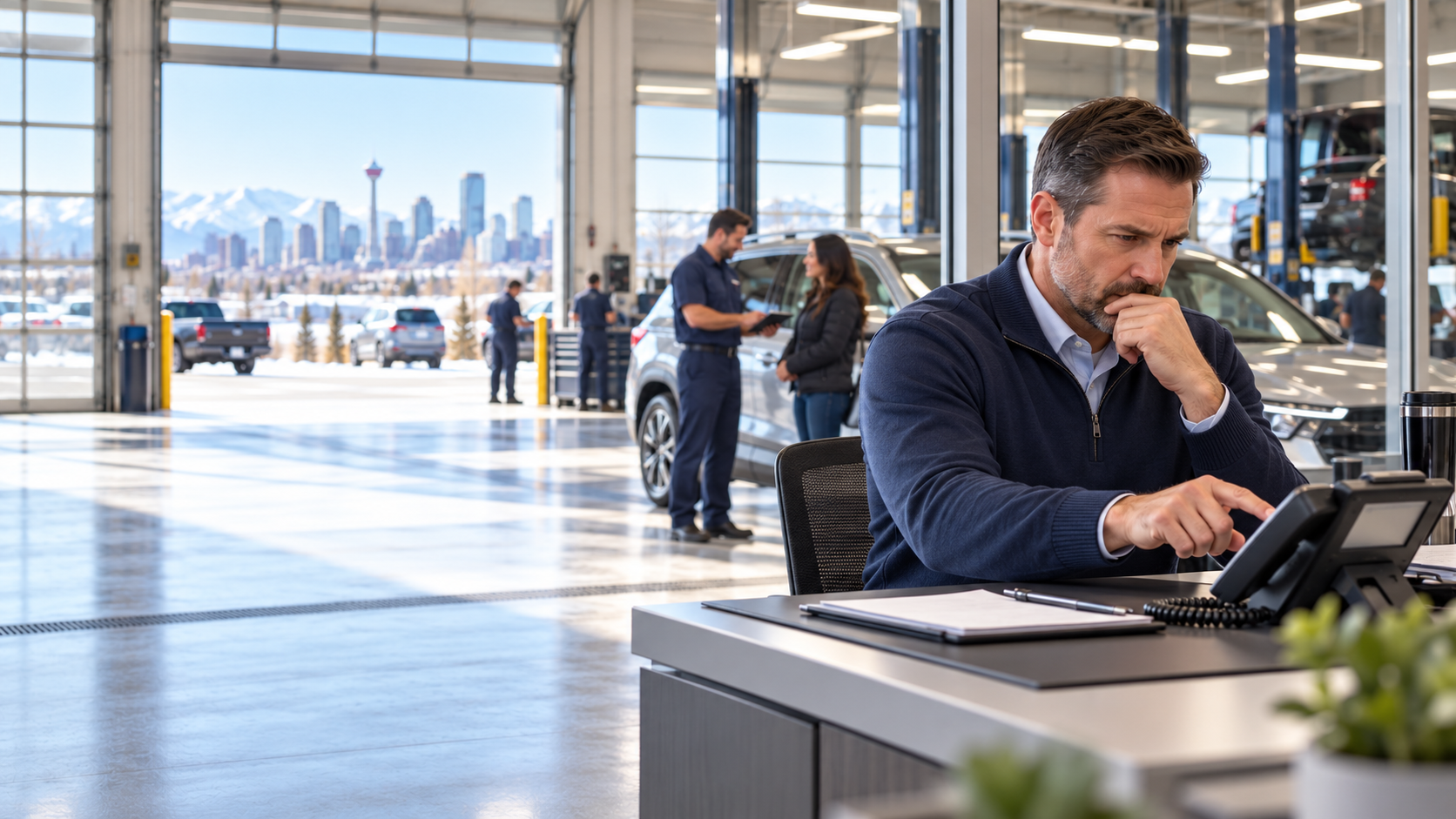 A service manager reviews calls at the desk while the advisor continues a customer write-up beside the SUV
