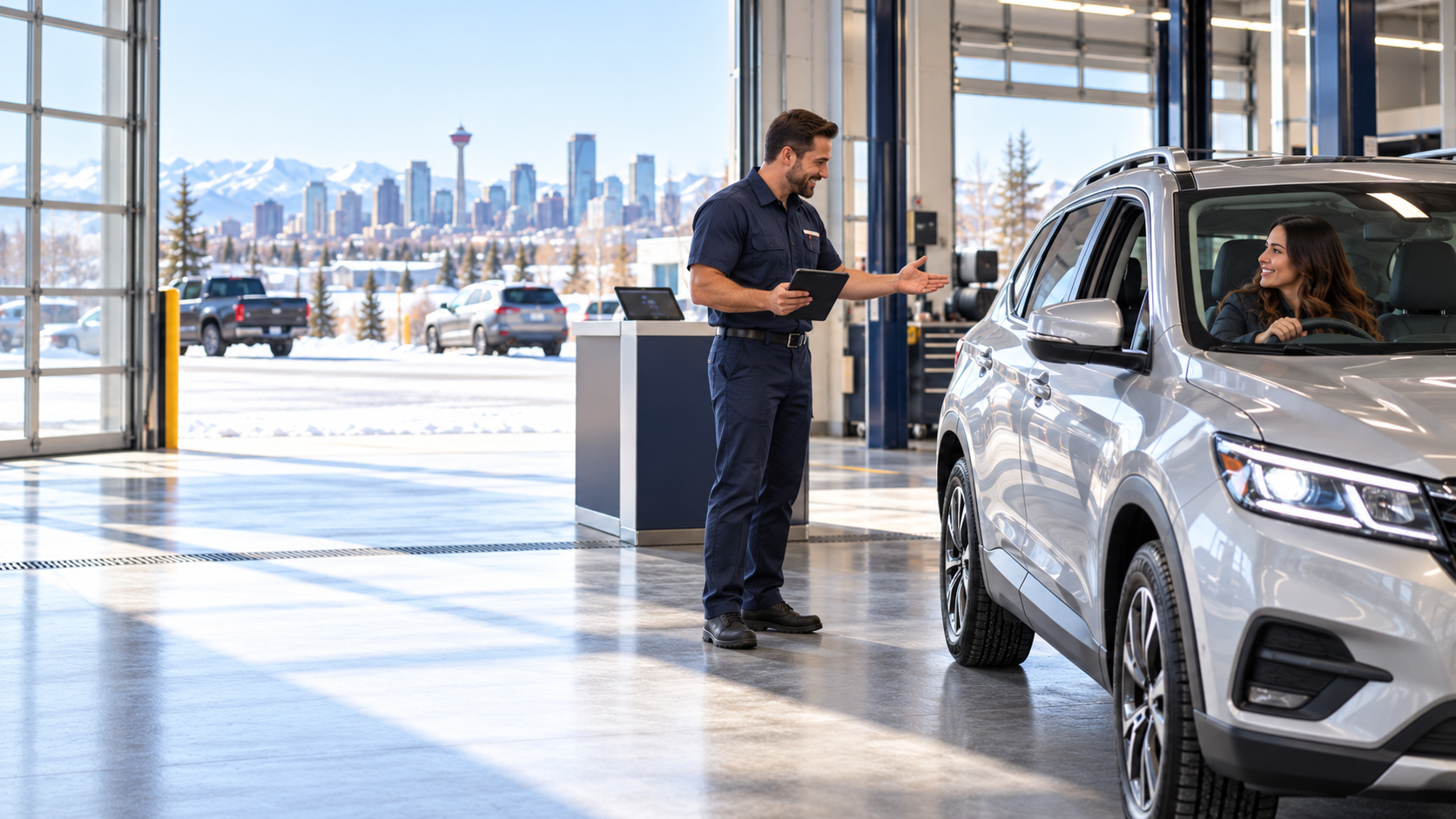 The same customer and silver SUV return to the Calgary service drive for the confirmed appointment